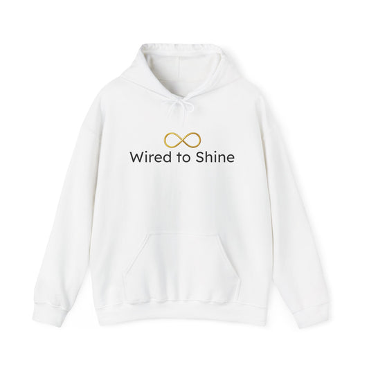 White hoodie with 'Wired to Shine' text and logo on a white background