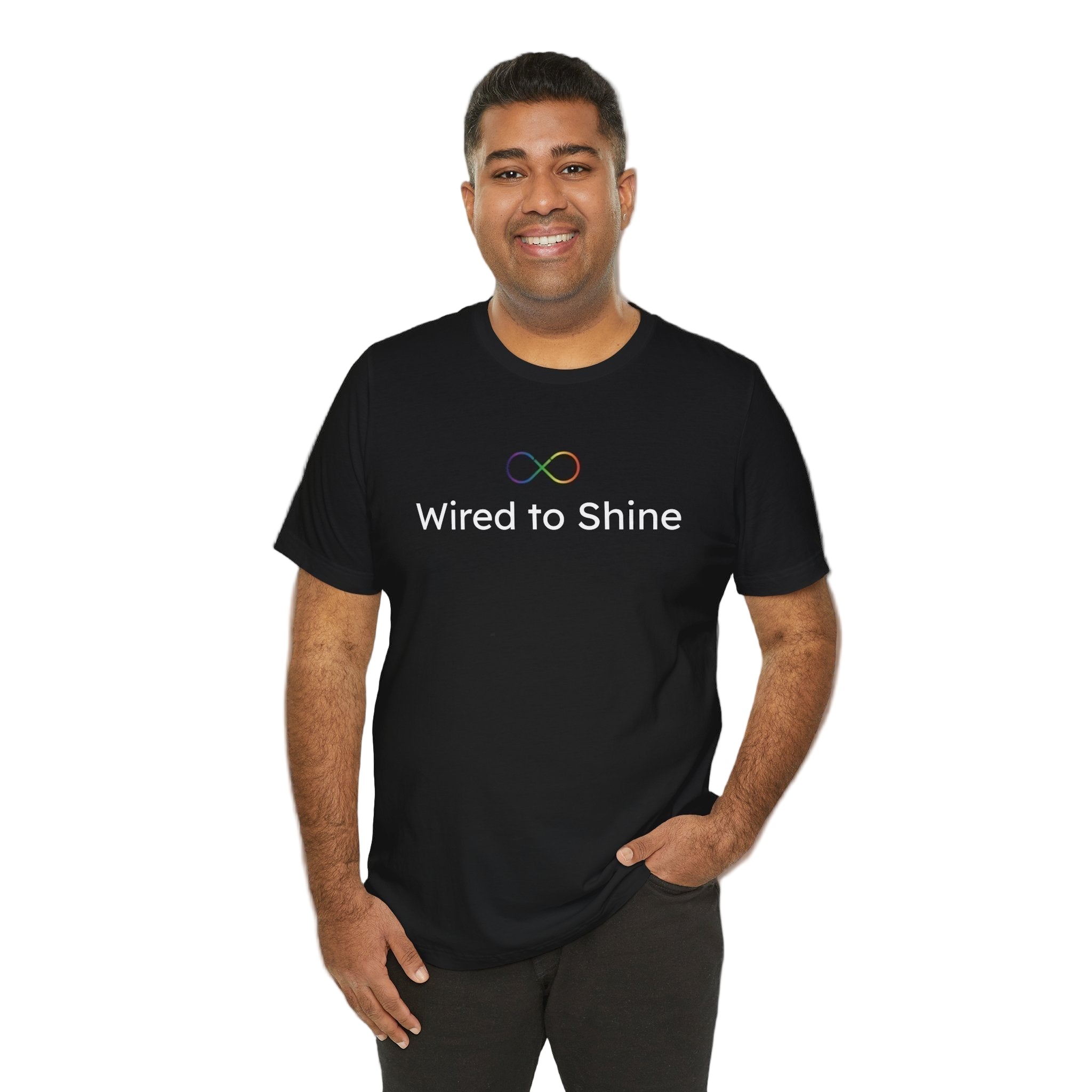 Man wearing a black t-shirt with 'Wired to Shine' text and logo on a gray background