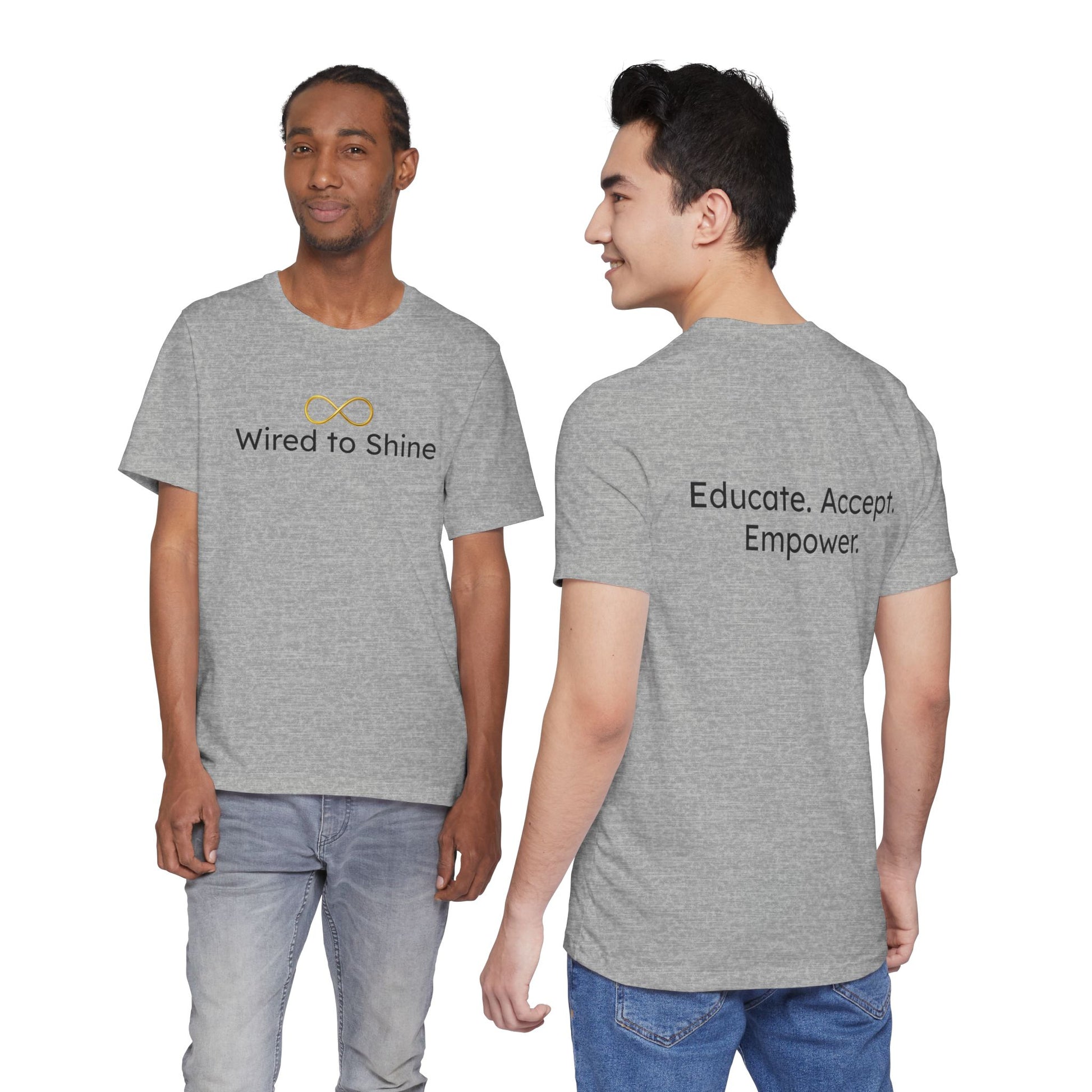 Two people wearing gray t-shirts with text on a white background