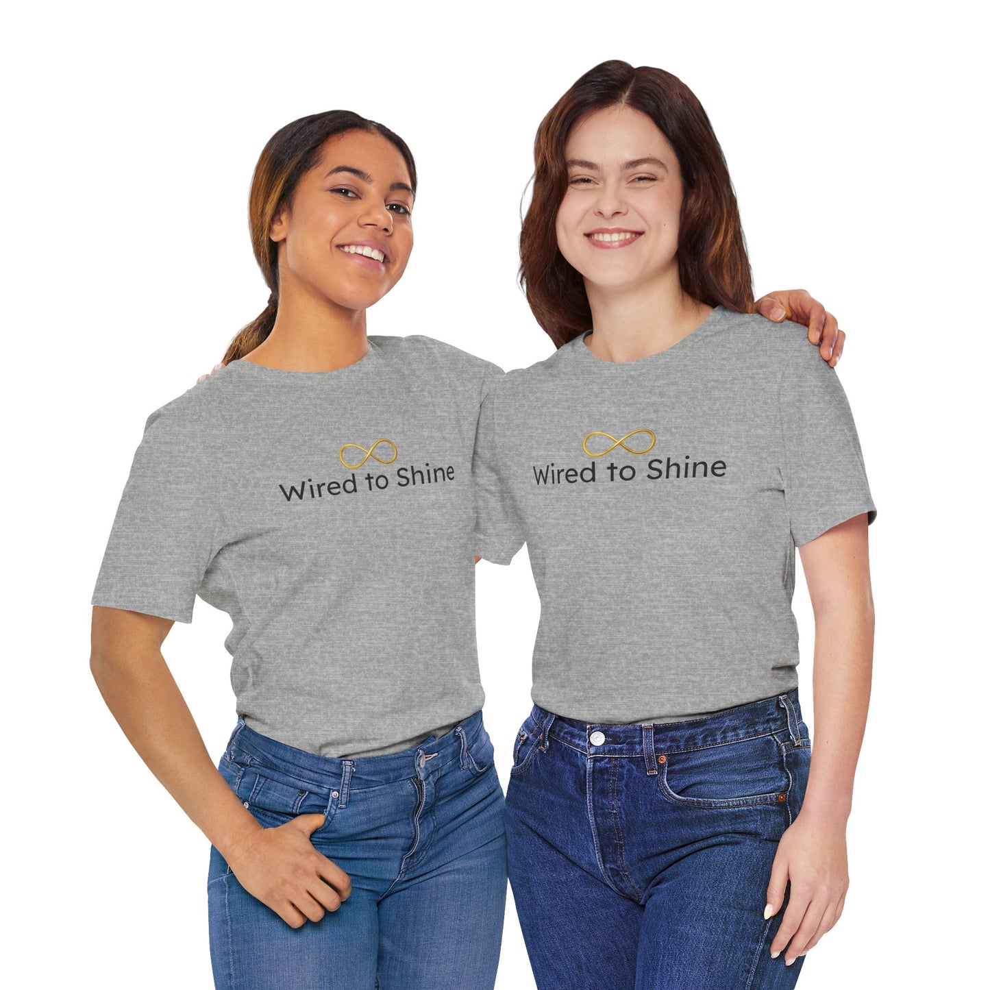 Two people wearing gray 'Wired to Shine' t-shirts on a white background