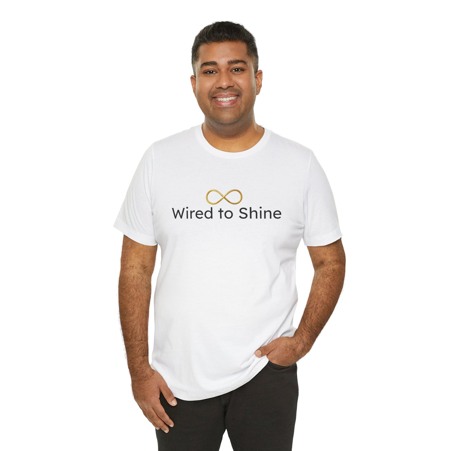 Man wearing a white t-shirt with 'Wired to Shine' logo on a white background