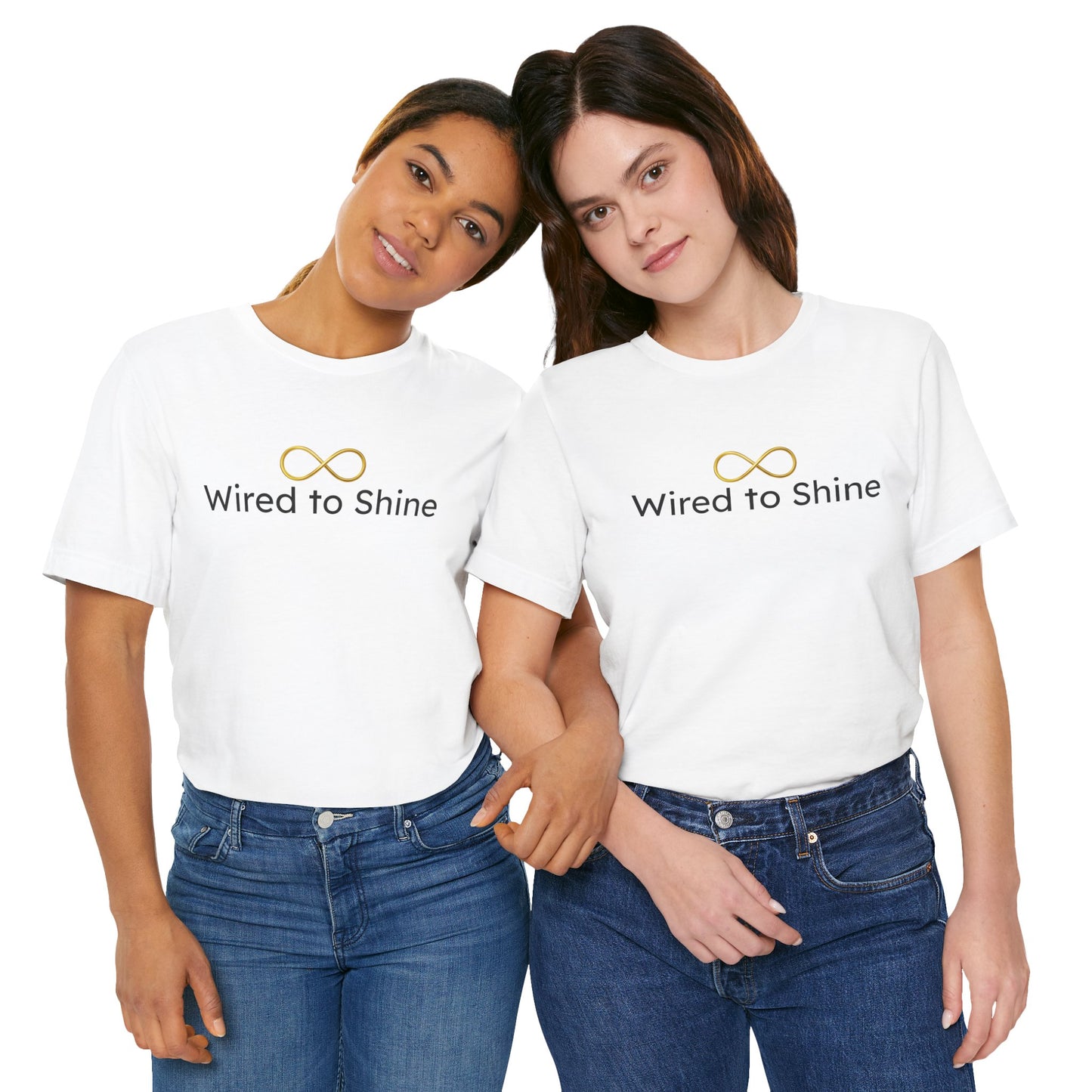 Two people wearing white t-shirts with 'Wired to Shine' text on a white background