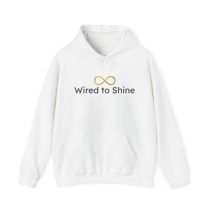 White hoodie with 'Wired to Shine' text and logo on a white background