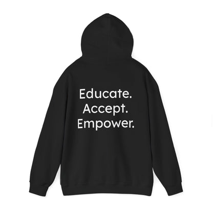 Black hoodie with 'Educate. Accept. Empower.' text on the back against a white background