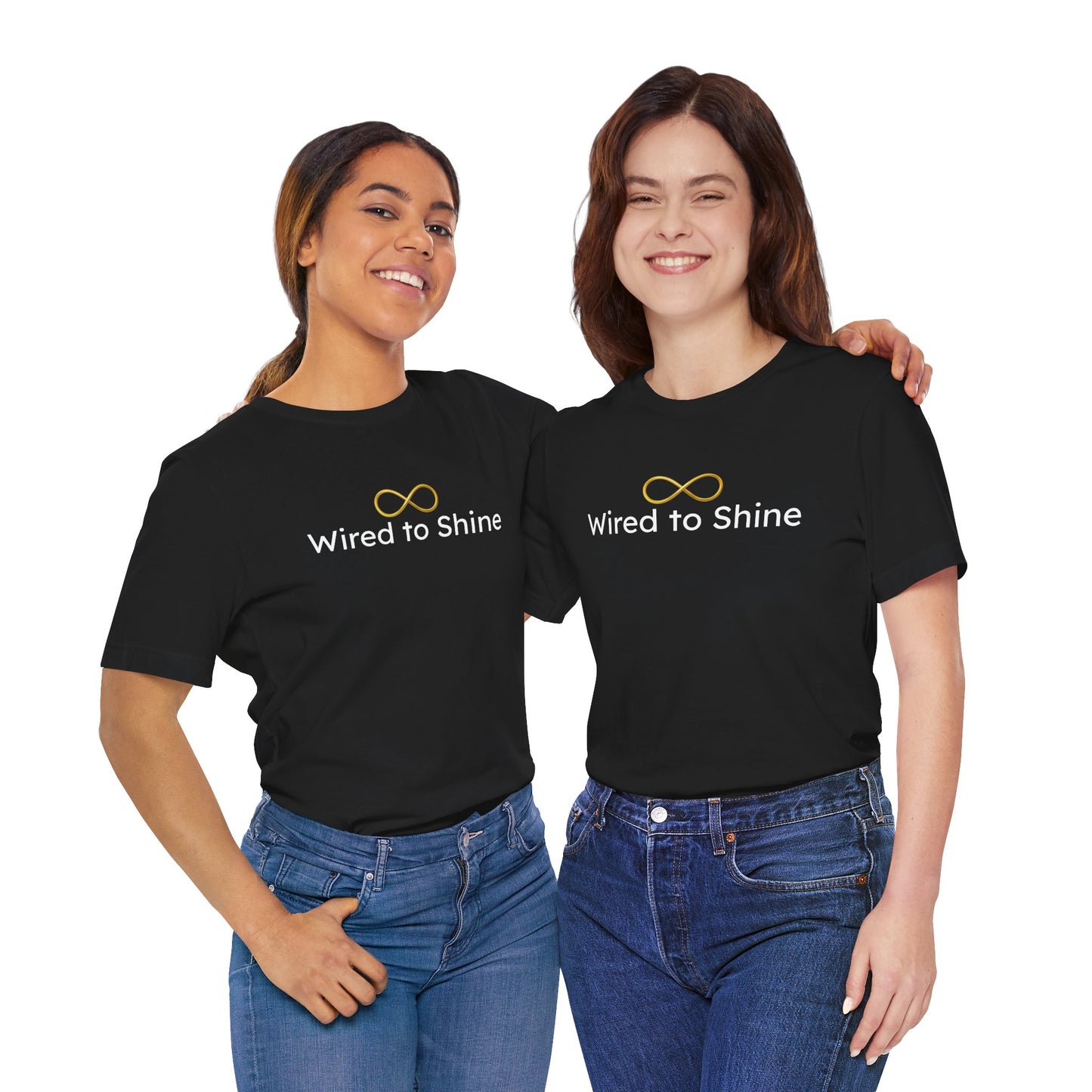 Two people wearing black t-shirts with 'Wired to Shine' text and logo on a white background