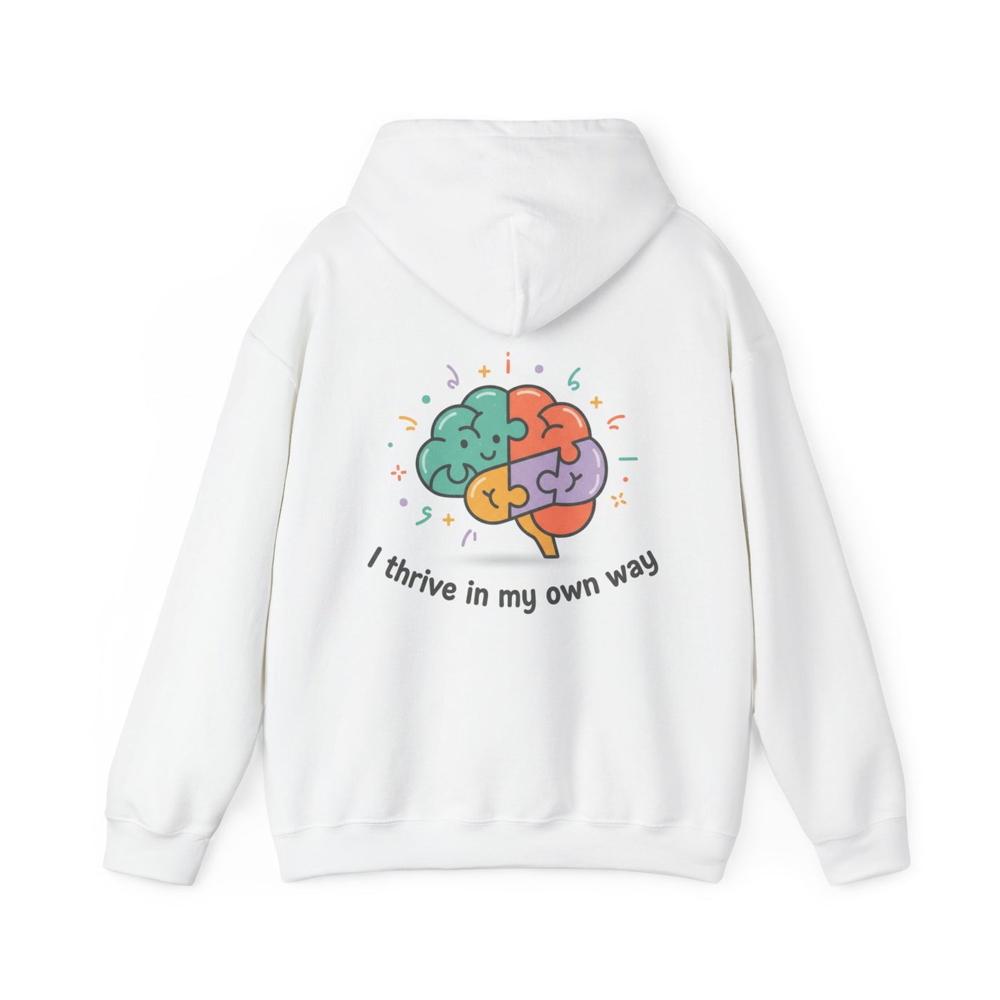 White hoodie with a colorful brain design and text on the back against a white background