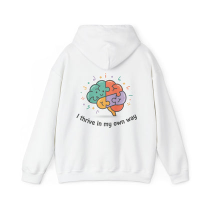 White hoodie with a colorful brain design and text on the back against a white background