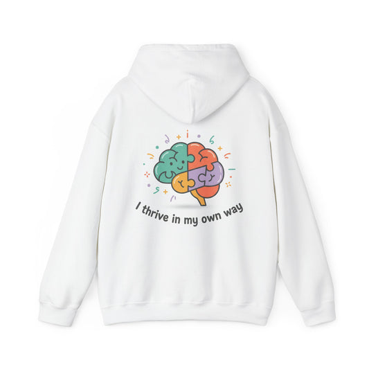 White hoodie with a colorful brain design and text on the back against a white background