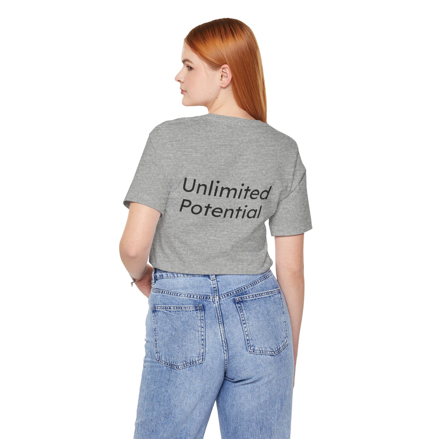 Person wearing a gray t-shirt with 'Unlimited Potential' text on the back, standing against a white background.