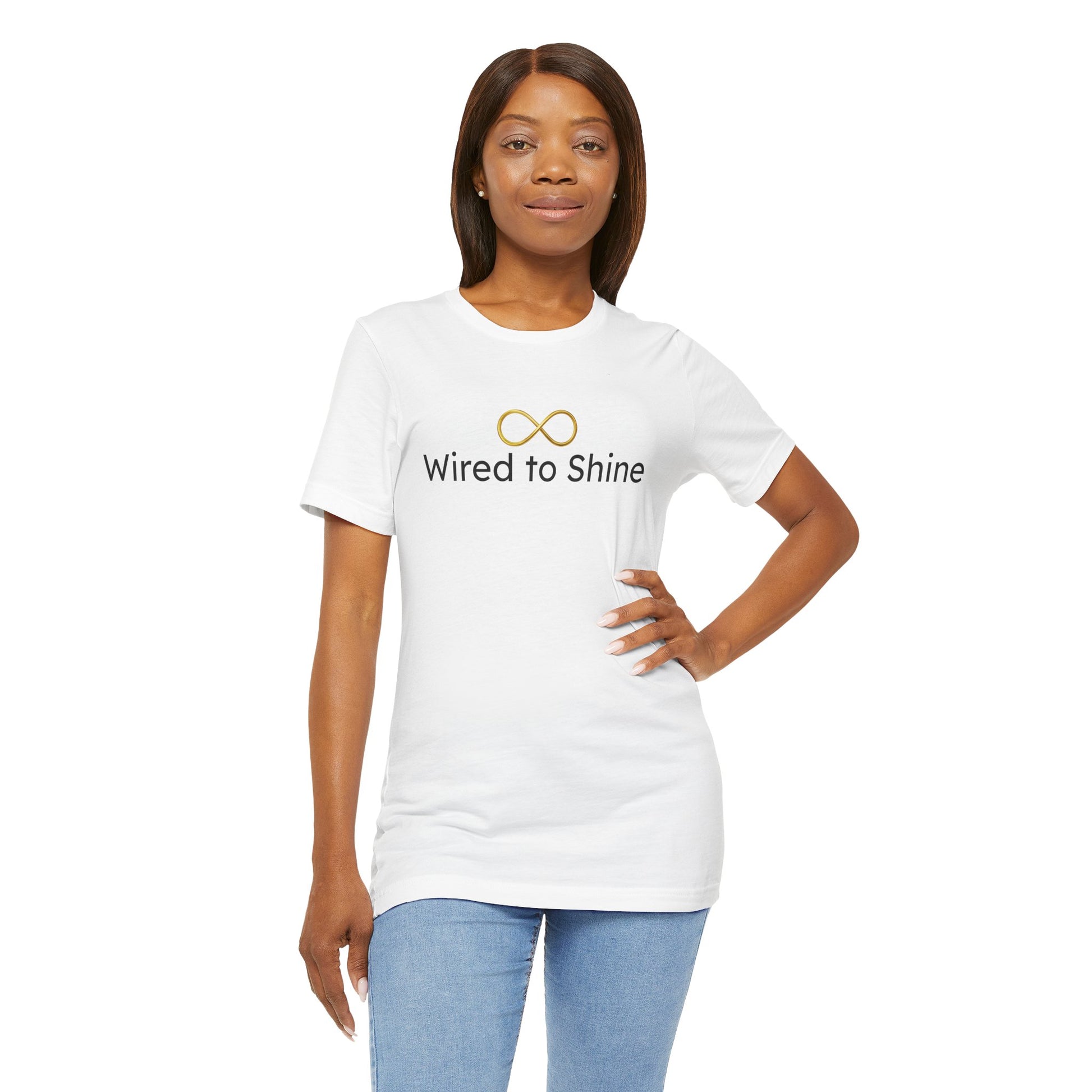 Woman wearing a white t-shirt with 'Wired to Shine' text and logo on a white background