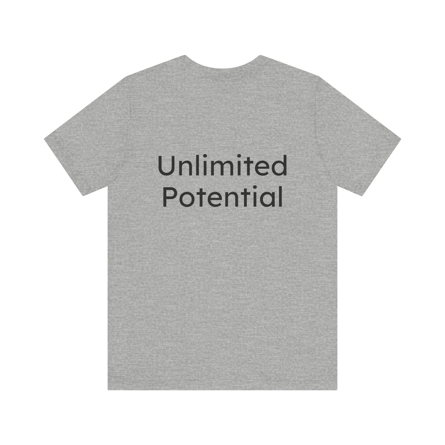 Gray t-shirt with 'Unlimited Potential' text on the back against a white background