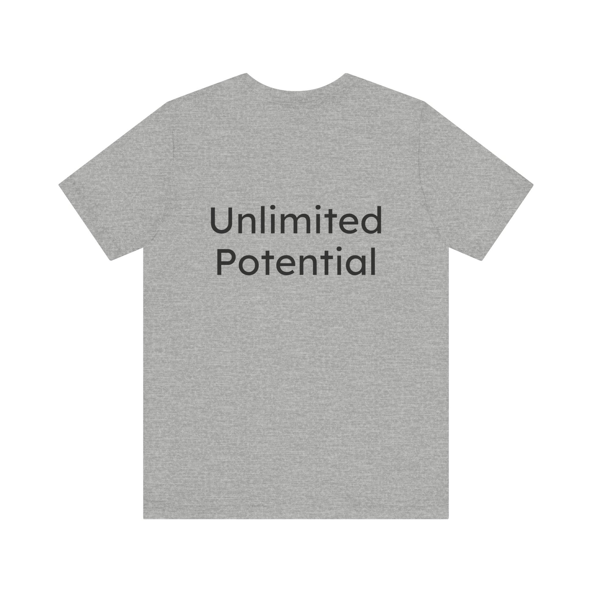 Gray t-shirt with 'Unlimited Potential' text on the back against a white background