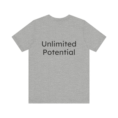 Gray t-shirt with 'Unlimited Potential' text on the back against a white background