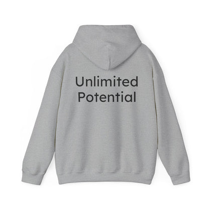 Gray hoodie with 'Unlimited Potential' text on the back against a white background