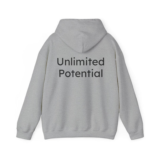 Gray hoodie with 'Unlimited Potential' text on the back against a white background