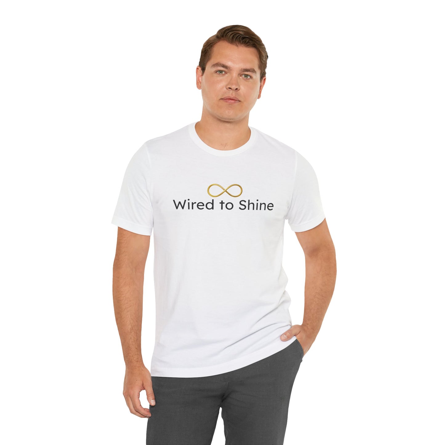 Man wearing a white t-shirt with 'Wired to Shine' logo on a white background