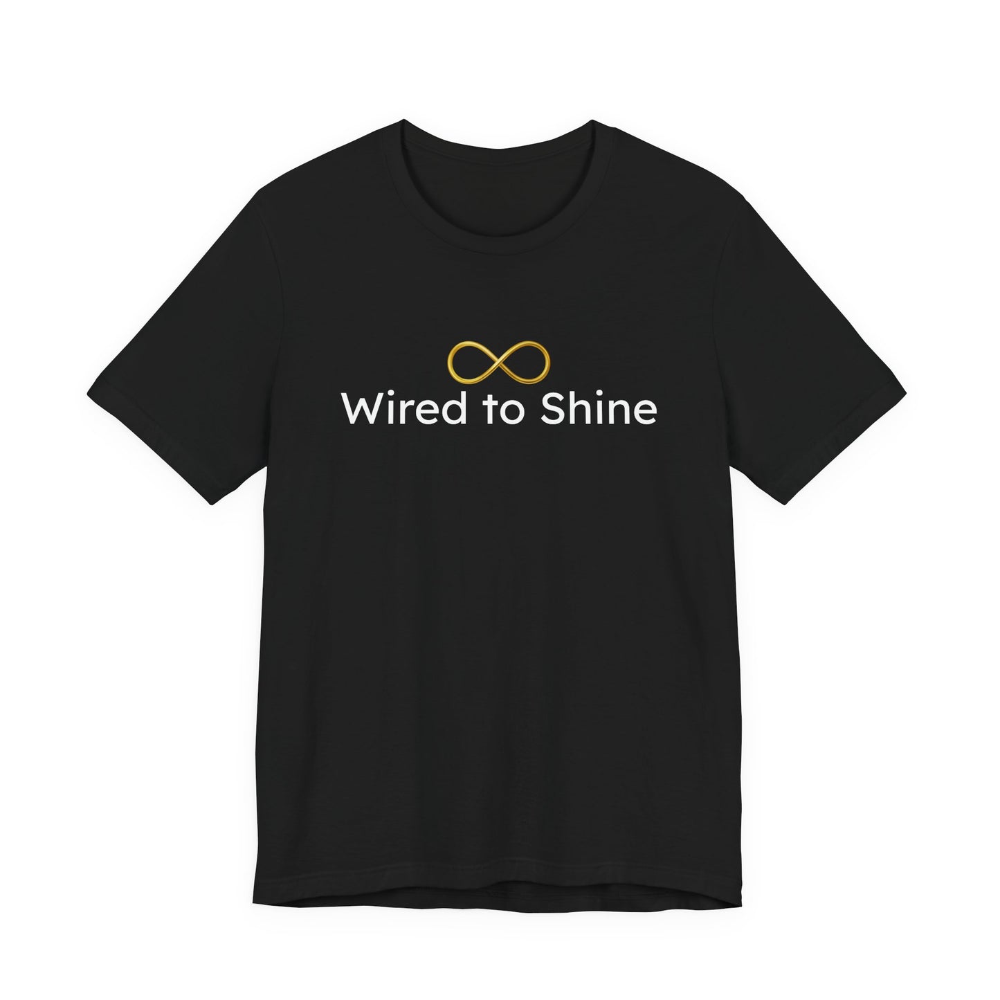 Black t-shirt with 'Wired to Shine' text and logo on a white background