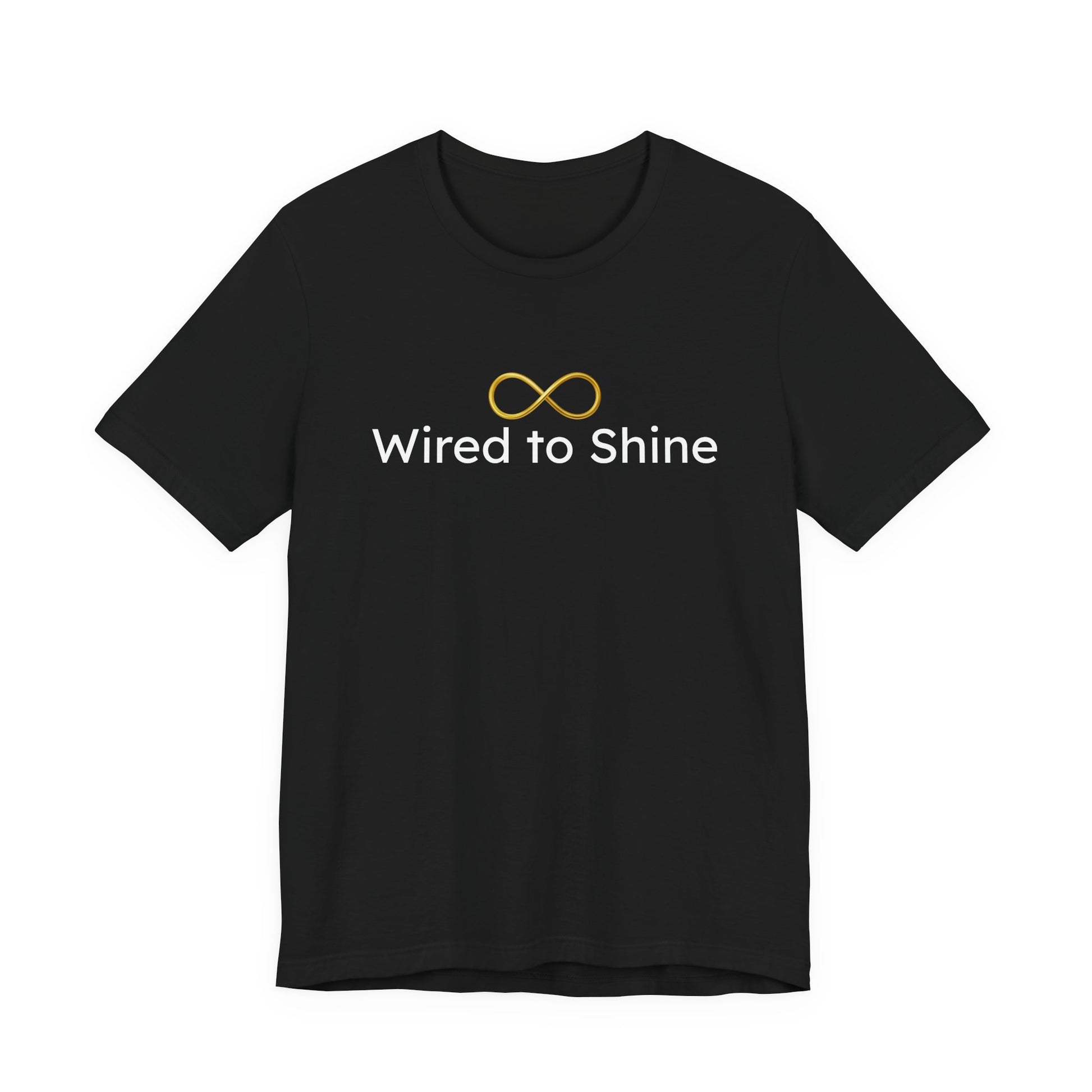 Black t-shirt with 'Wired to Shine' text and logo on a white background