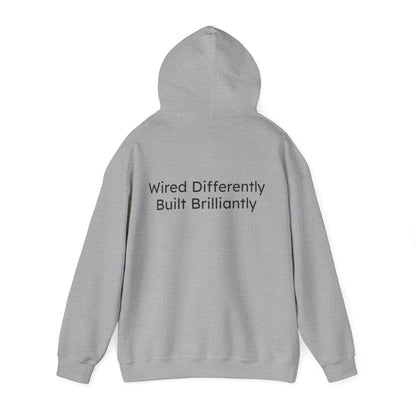 Gray hoodie with text 'Wired Differently Built Brilliantly' on a white background