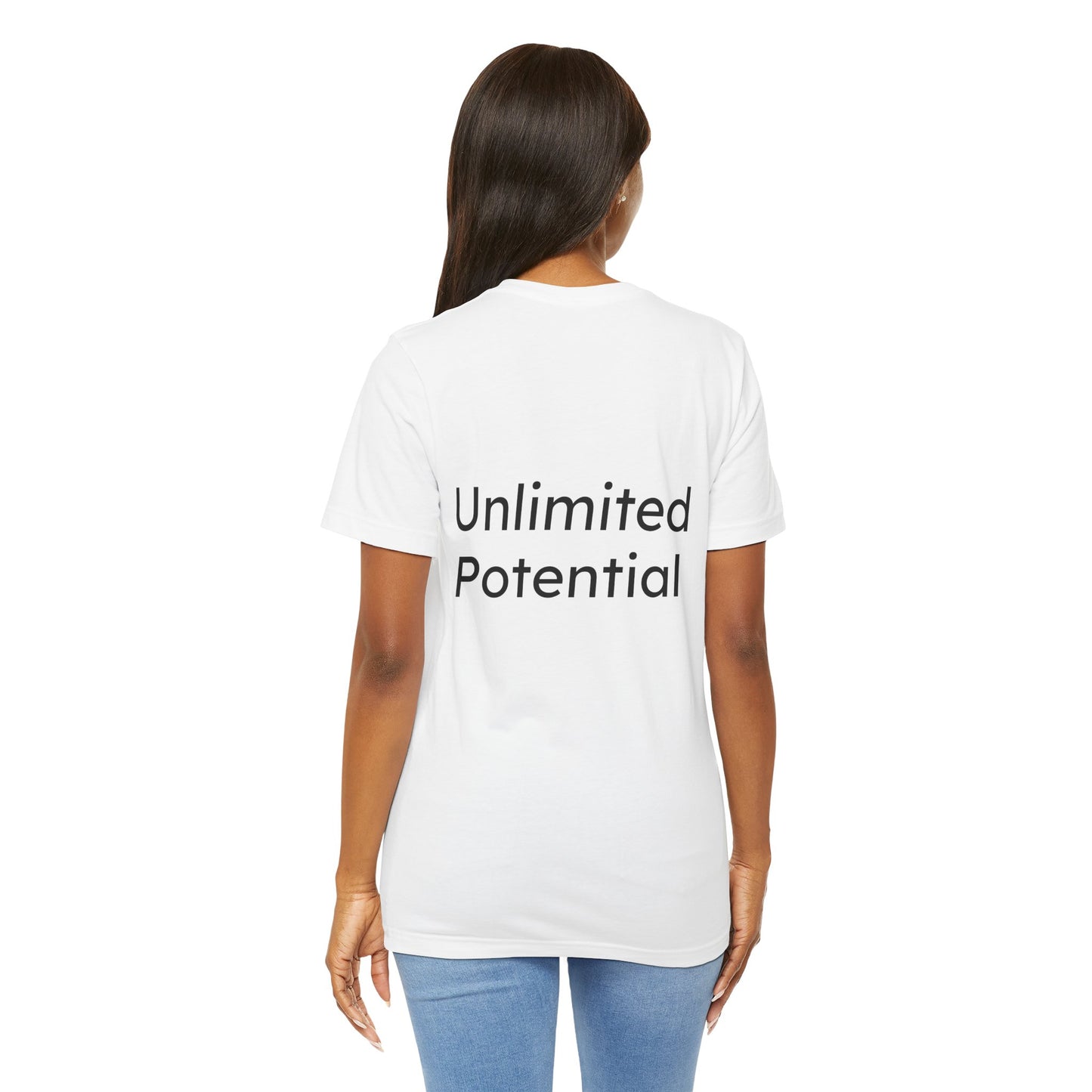 Person wearing a white t-shirt with 'Unlimited Potential' text on the back, standing against a white background.