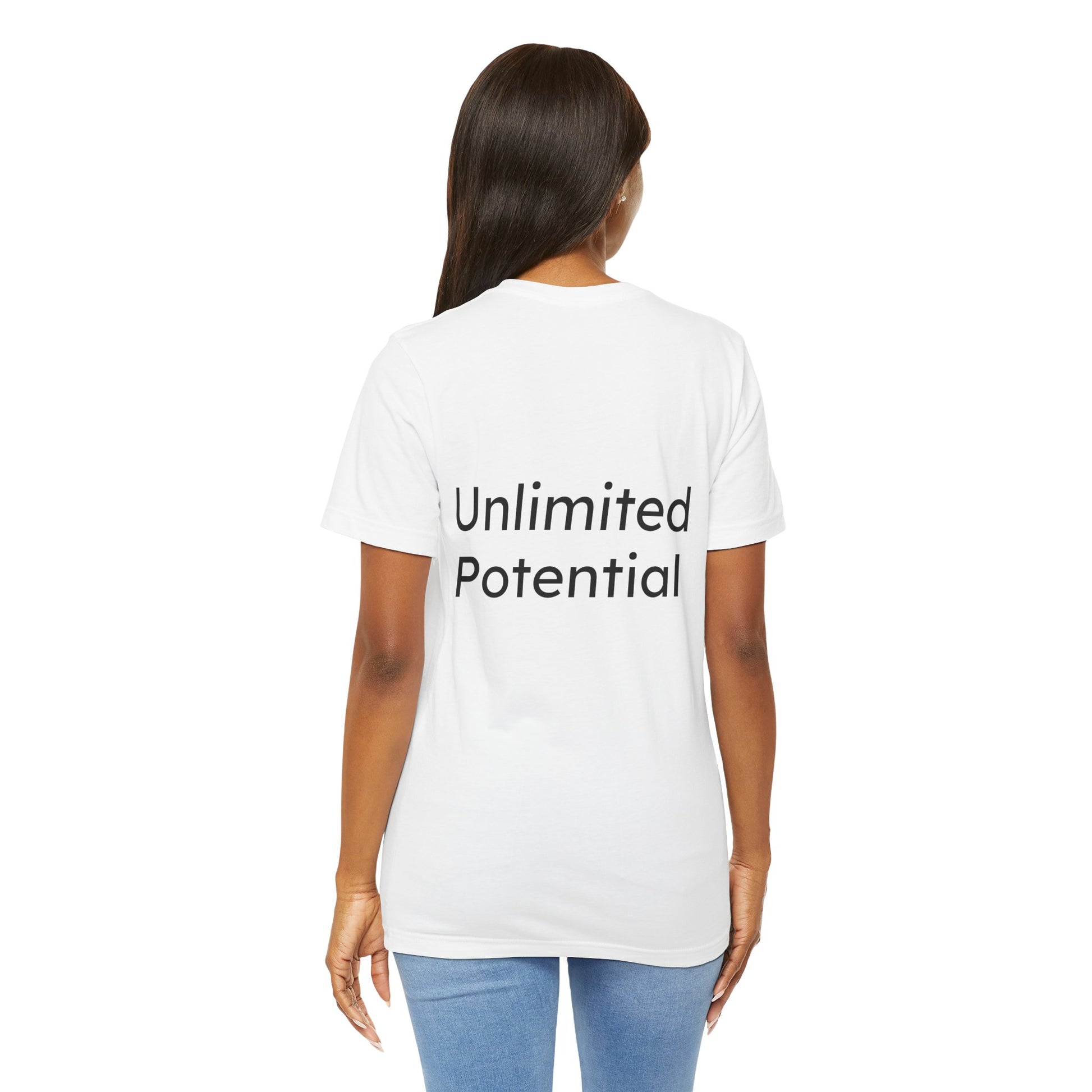 Person wearing a white t-shirt with 'Unlimited Potential' text on the back, standing against a white background.