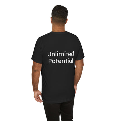 Person wearing a black t-shirt with 'Unlimited Potential' text on the back against a white background