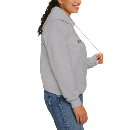 Person wearing a gray hoodie with text on a white background