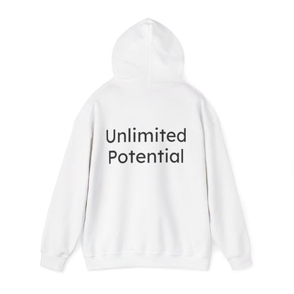 White hoodie with 'Unlimited Potential' text on a white background