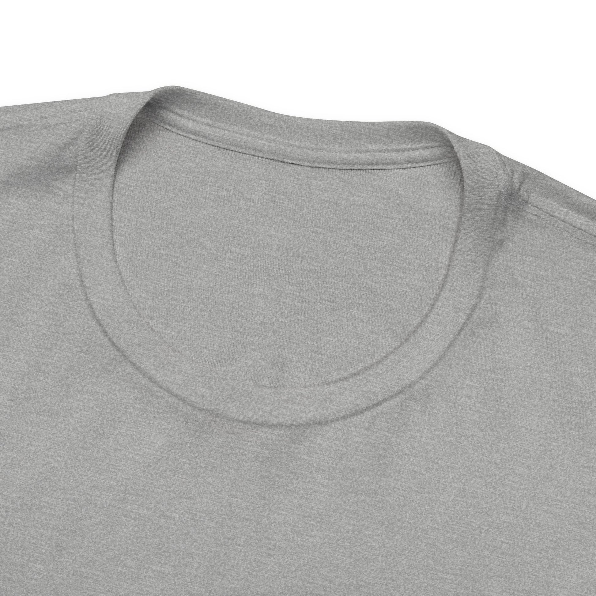 Close-up of a gray t-shirt with a focus on the neckline.
