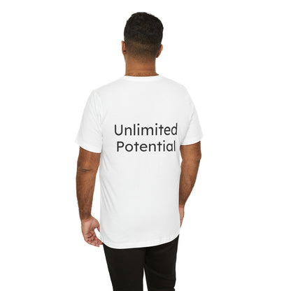 Person wearing a white t-shirt with 'Unlimited Potential' text on the back, standing against a white background