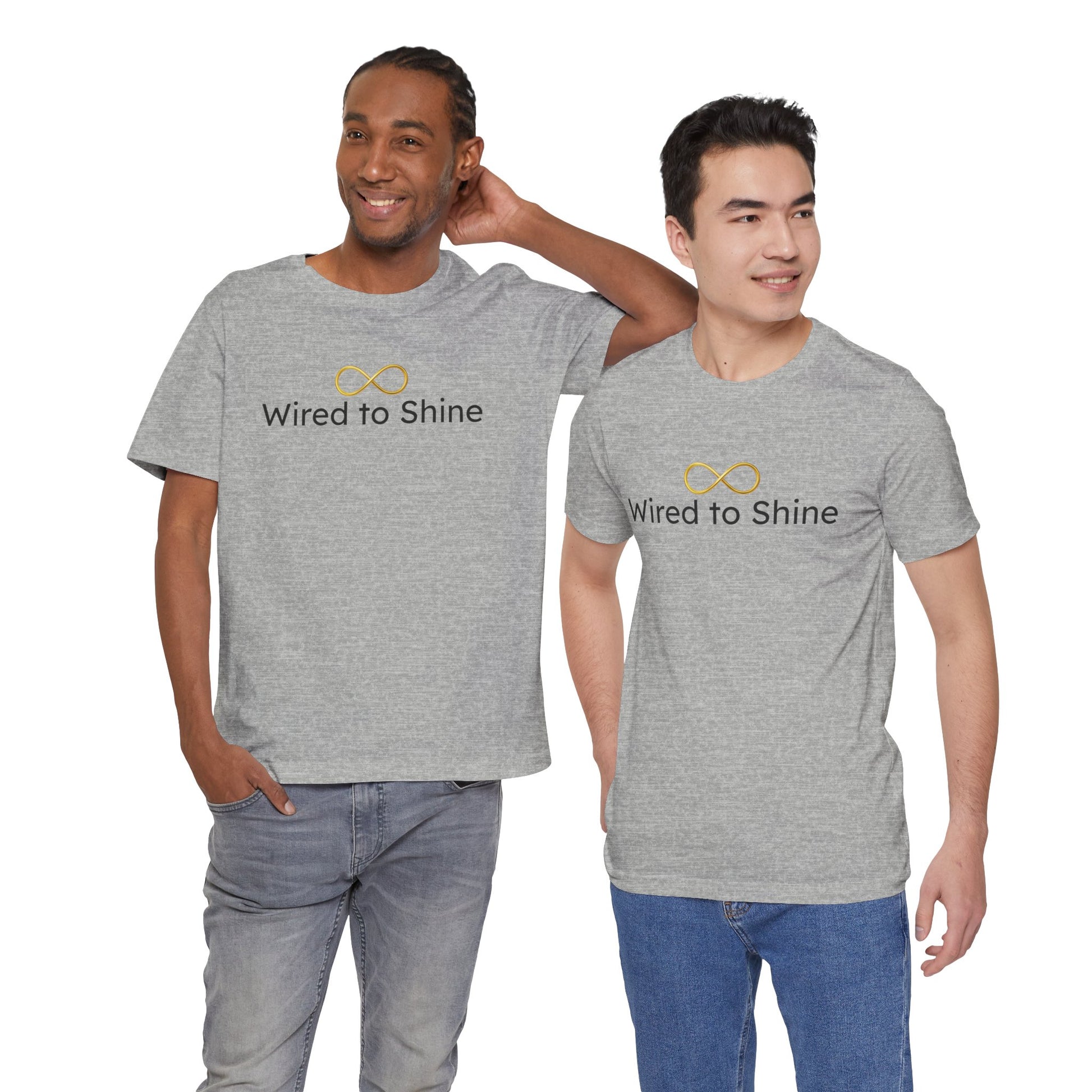 Two men wearing gray 'Wired to Shine' t-shirts on a white background