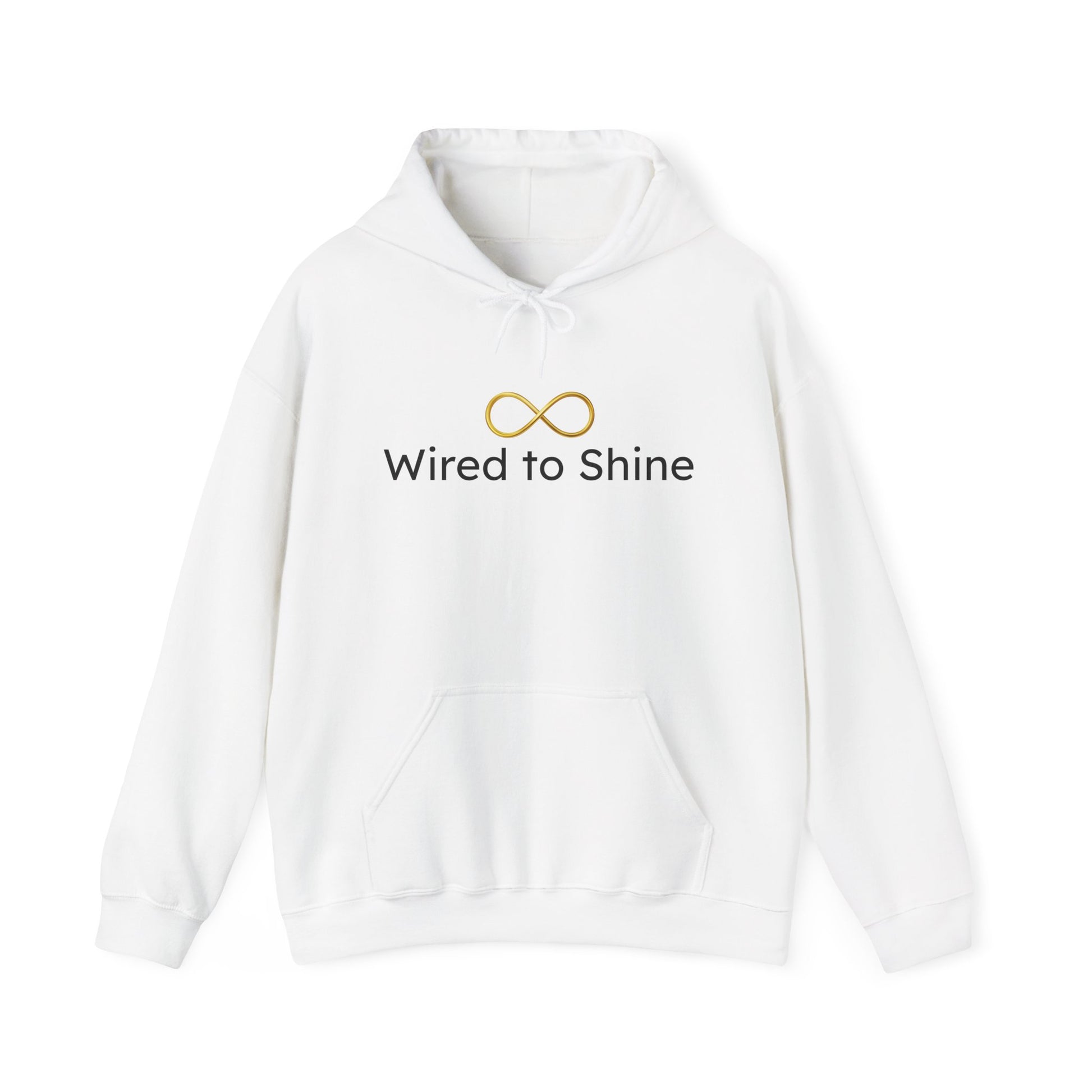 White hoodie with 'Wired to Shine' text and logo on a white background