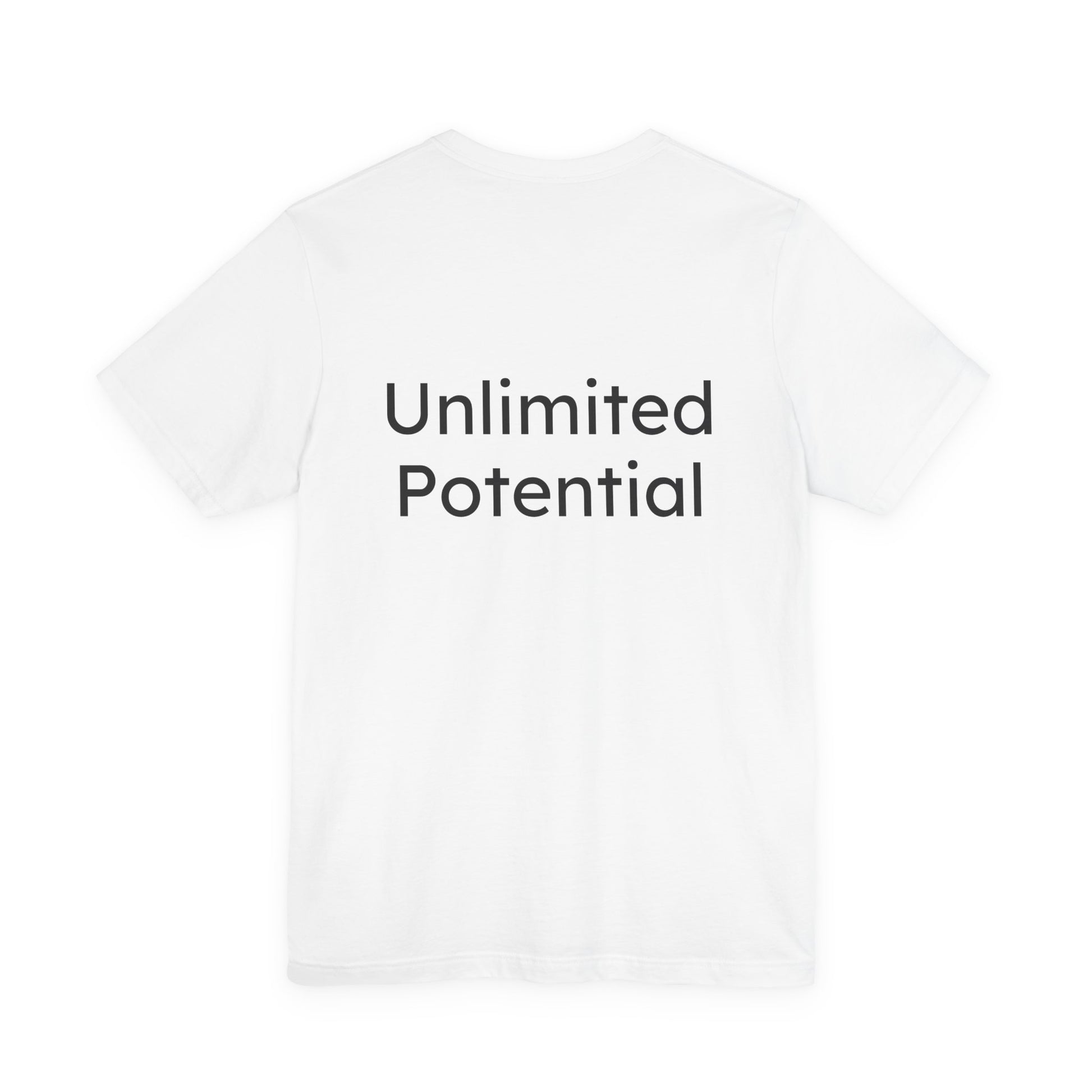 White t-shirt with 'Unlimited Potential' text on a white background