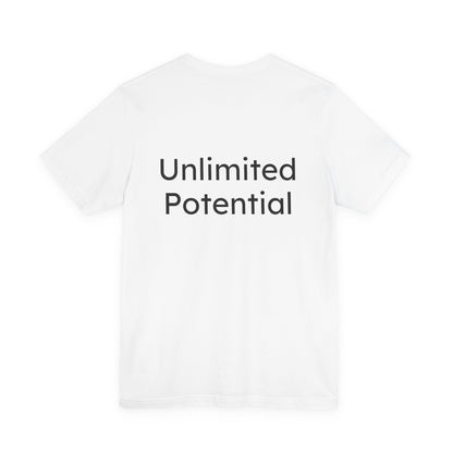 White t-shirt with 'Unlimited Potential' text on a white background