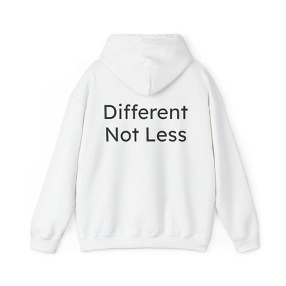 White hoodie with 'Different Not Less' text on the back against a white background