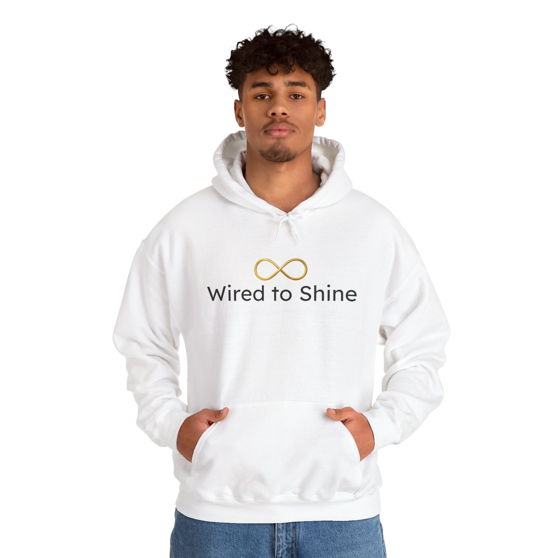 Person wearing a white hoodie with 'Wired to Shine' logo on a white background