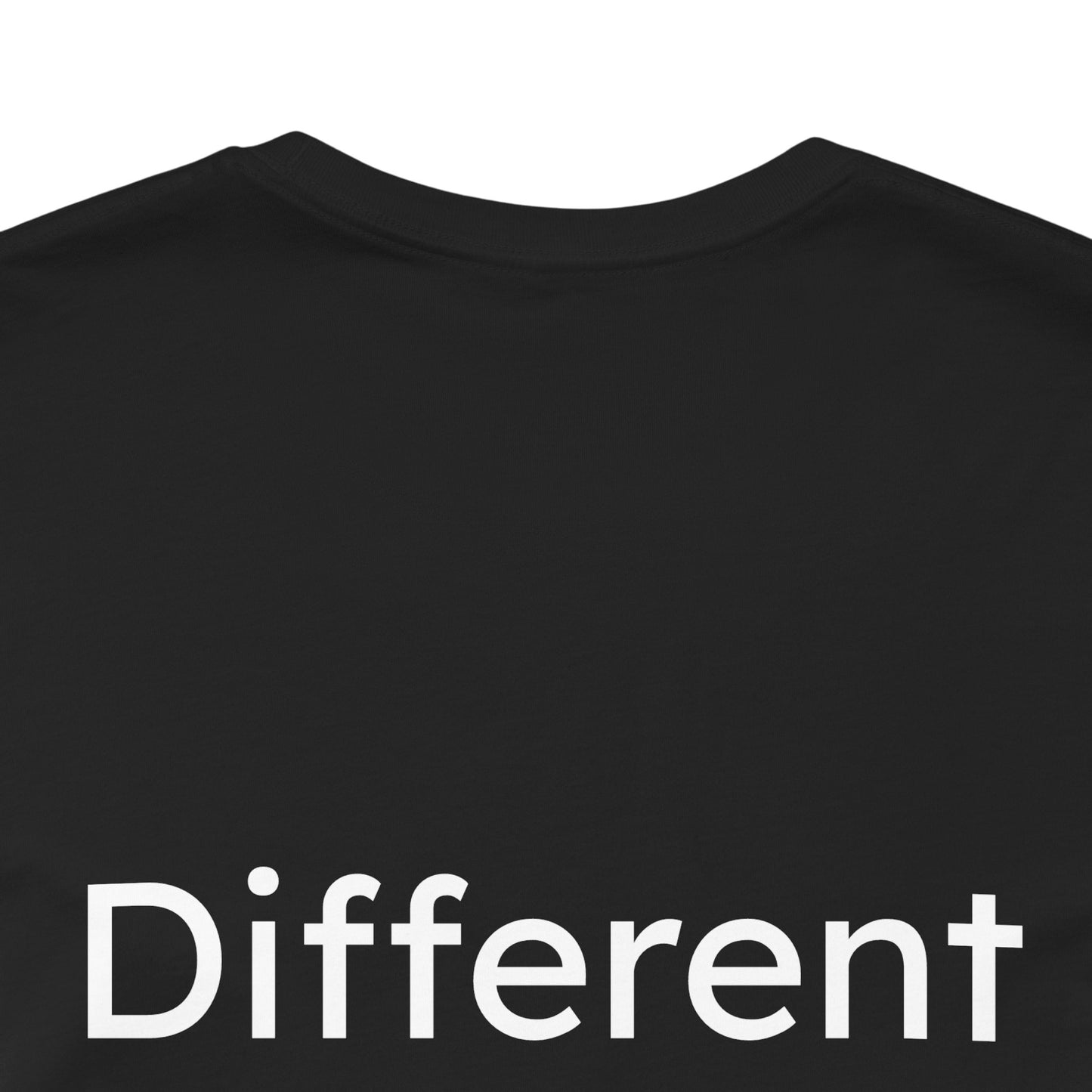 Black t-shirt with the word 'Different' printed on it against a white background
