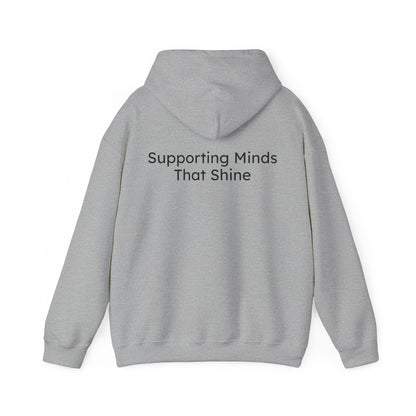 Gray hoodie with text 'Supporting Minds That Shine' on the back against a white background