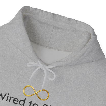 Gray hoodie with a gold infinity symbol and text on a white background