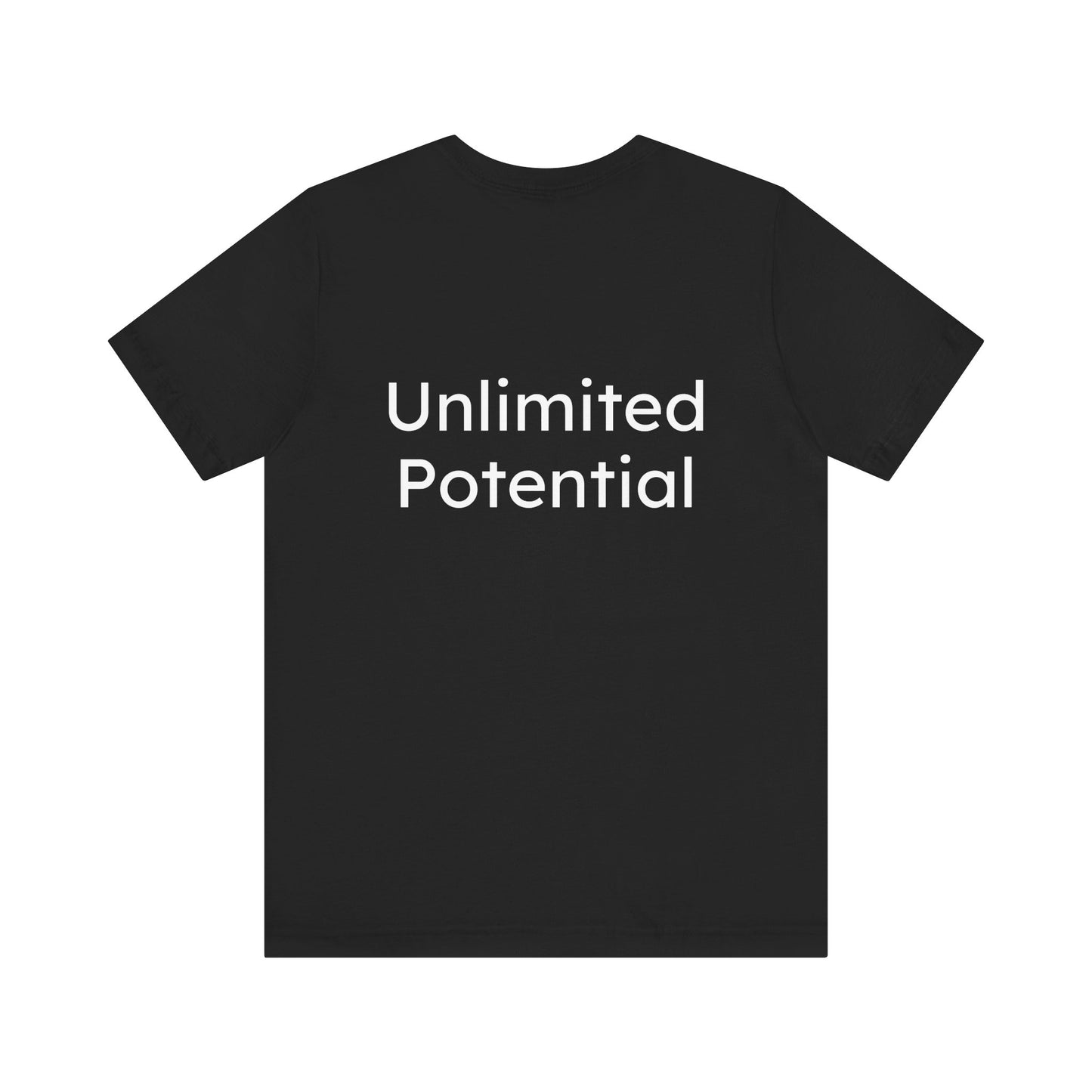 Black t-shirt with 'Unlimited Potential' text on a white background