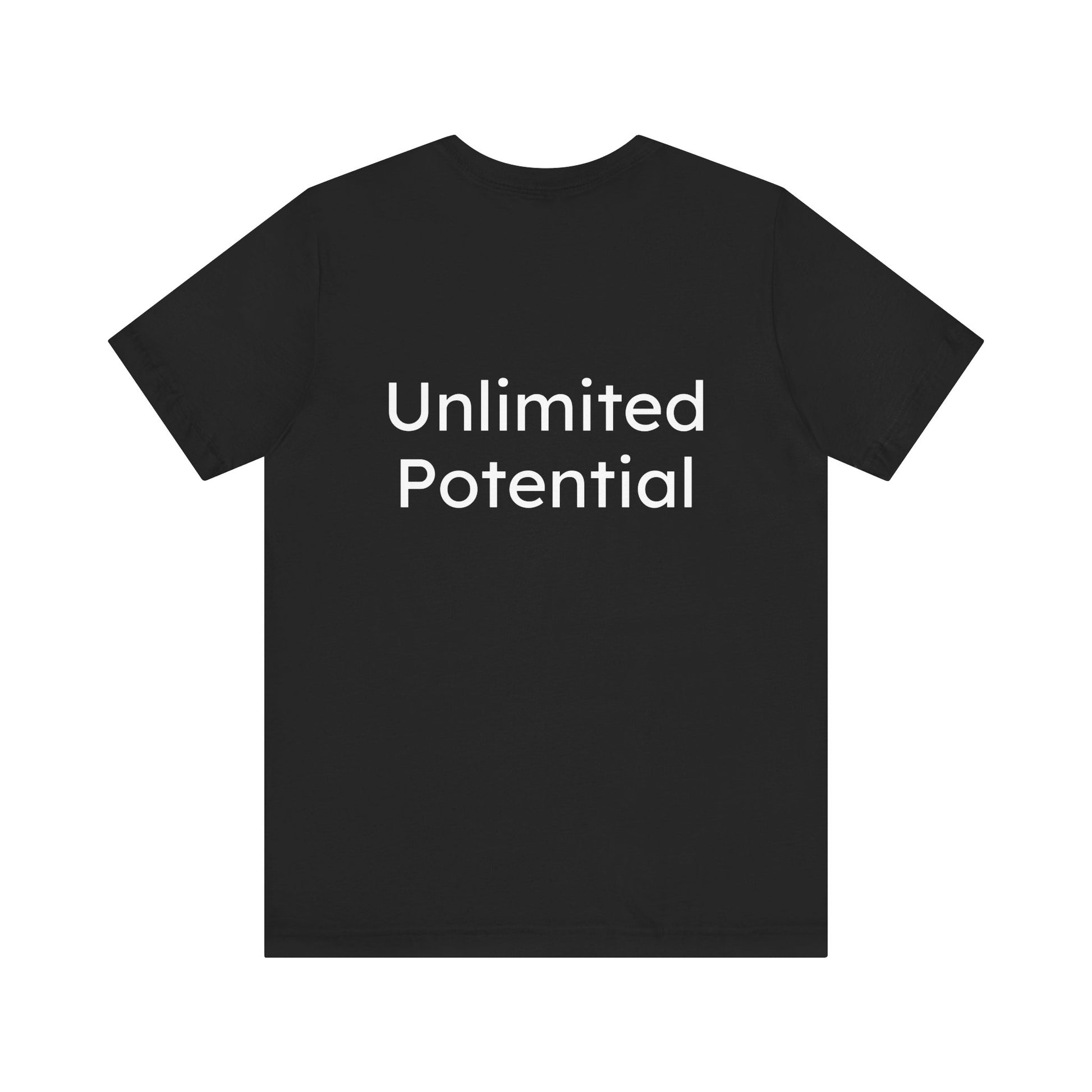 Black t-shirt with 'Unlimited Potential' text on a white background