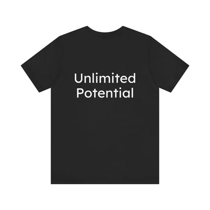 Black t-shirt with 'Unlimited Potential' text on a white background