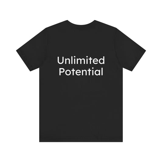 Black t-shirt with 'Unlimited Potential' text on a white background
