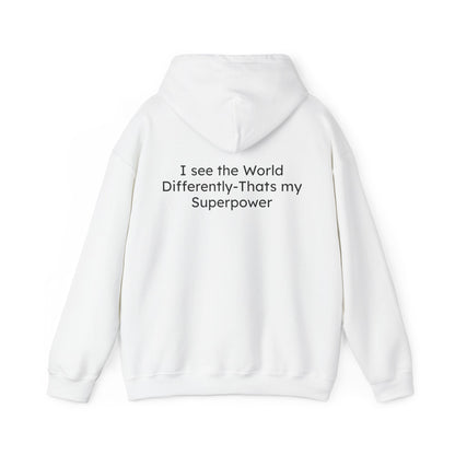 White hoodie with text on the back on a white background