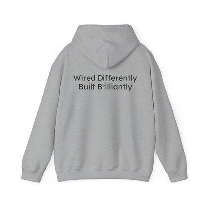 Gray hoodie with text 'Wired Differently Built Brilliantly' on the back against a white background