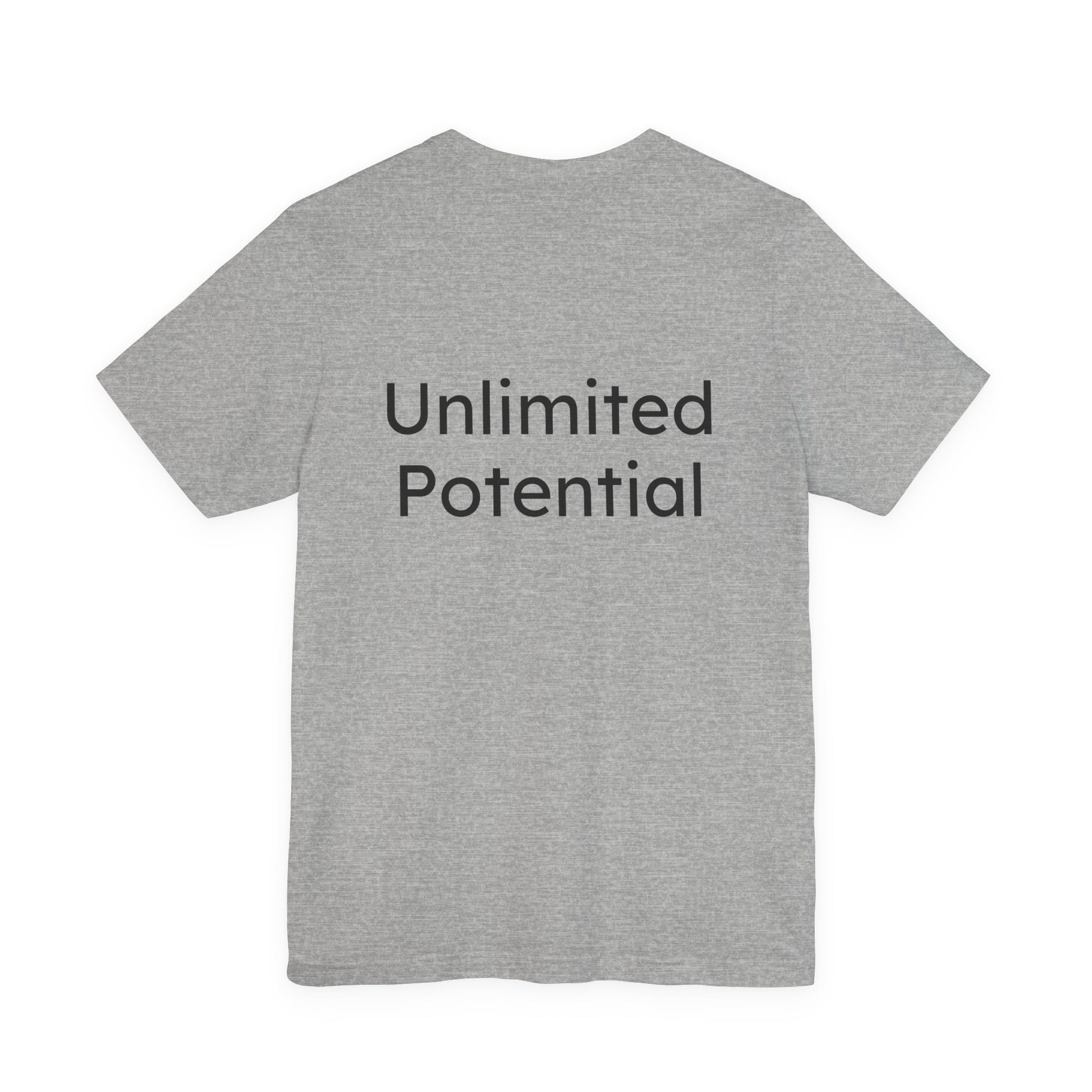 Gray t-shirt with 'Unlimited Potential' text on the back against a white background