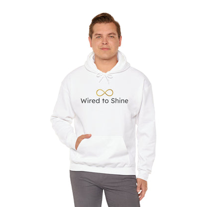 Man wearing a white hoodie with 'Wired to Shine' text and logo on a white background