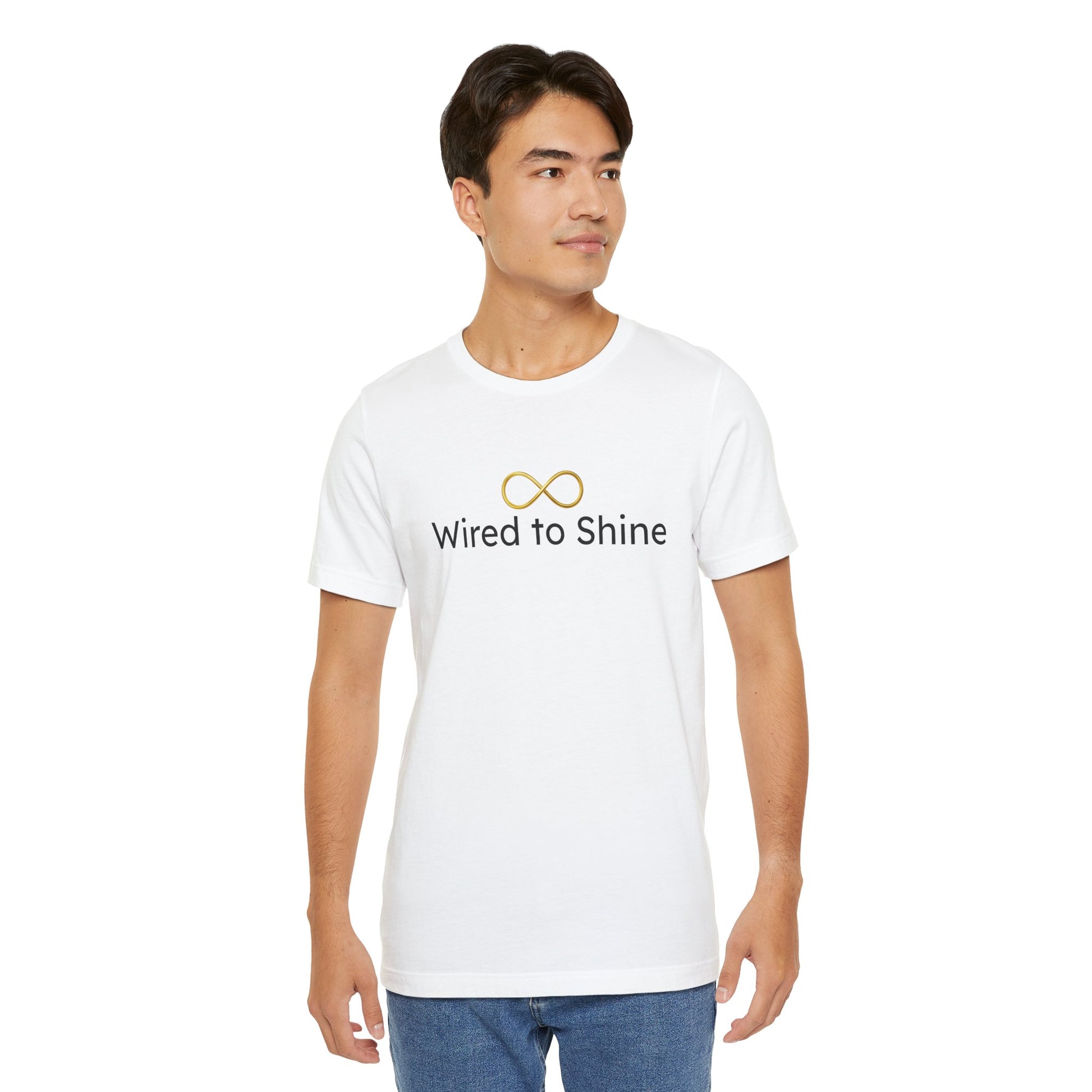 Man wearing a white t-shirt with 'Wired to Shine' text and logo on a white background