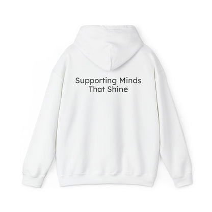 White hoodie with text 'Supporting Minds That Shine' on the back against a white background