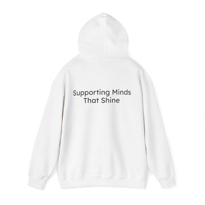 White hoodie with text 'Supporting Minds That Shine' on a white background
